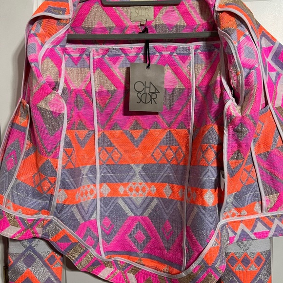 Chaser Mahlia Textured Moto Jacket Aztec Print, Metallic and Neon accents - Picture 6 of 11